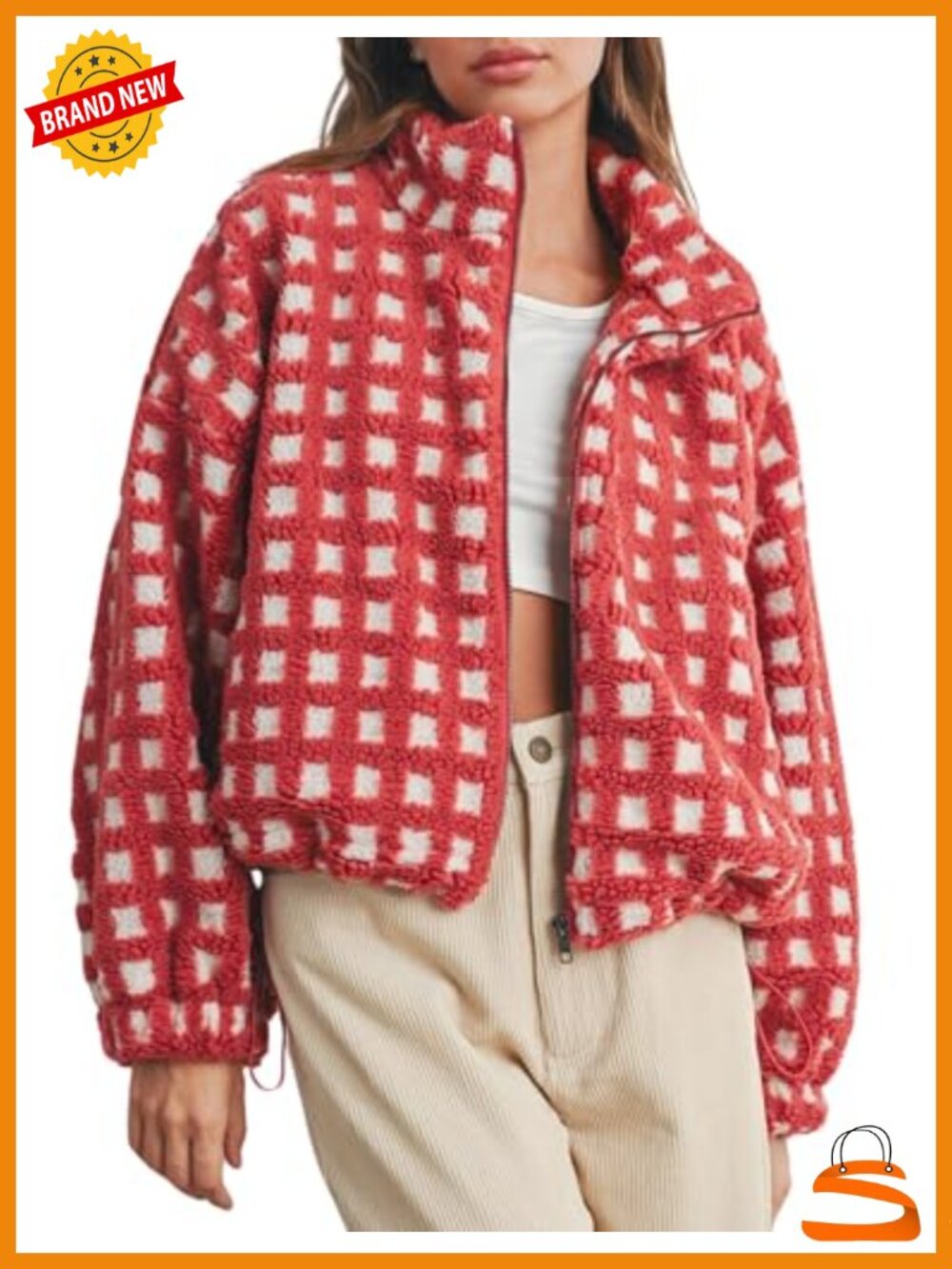 Sherpa Fleece Cropped Plaid Jacket Long Sleeve Zip Up Teddy Coat